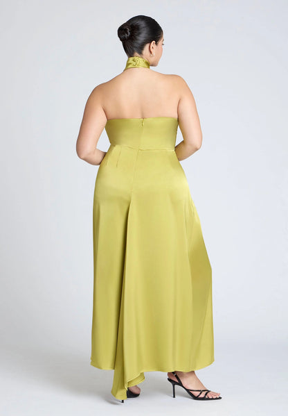 Roselle Dress plus size chartreuse satin open‑back halter maxi formal wedding guest dress back view with zipper closure