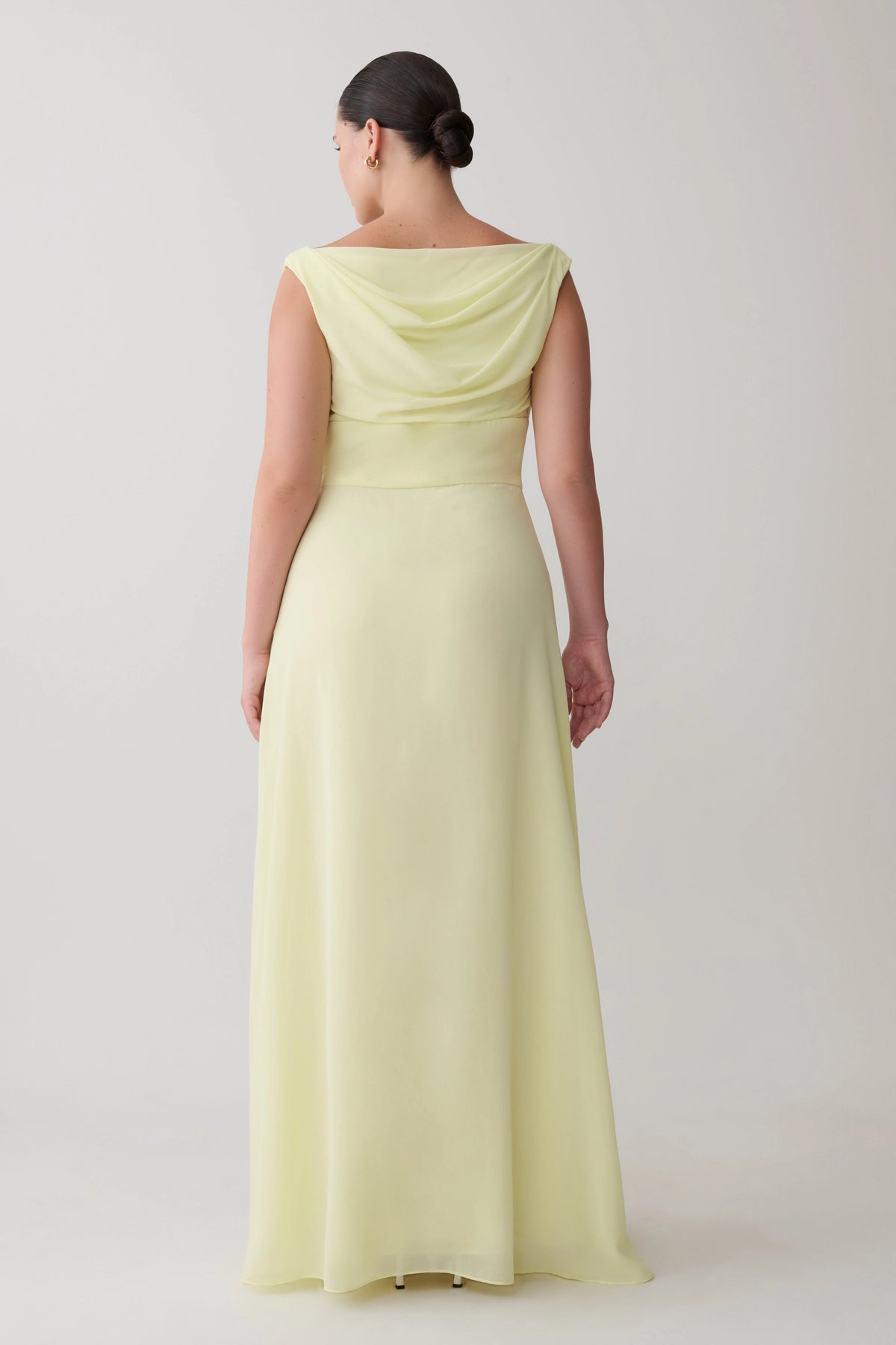 Roselle Dress plus size pale yellow chiffon formal guest gown, cowl back design, flowy maxi dress back view