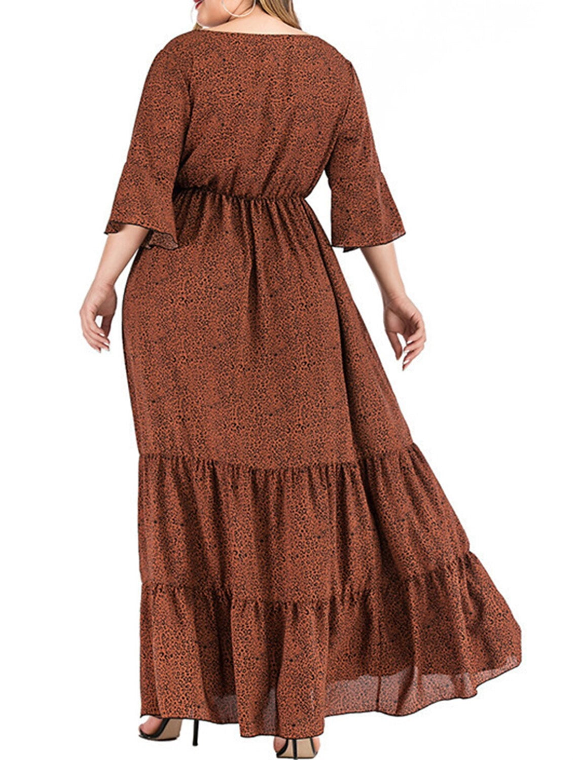 Roselledress brown boho printed maxi dress closed back bell sleeve plus size floor‑length wedding guest dress back view