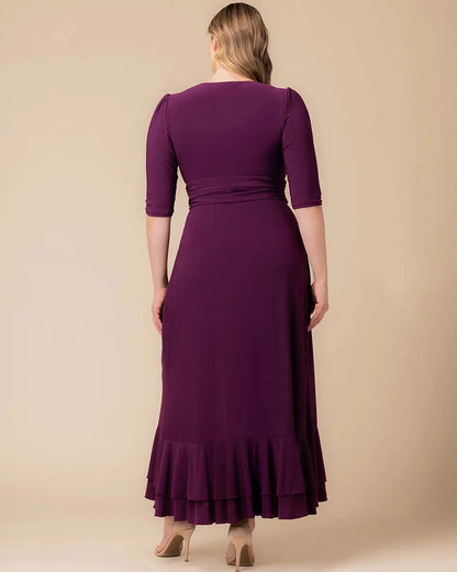 Back view roselledress round zip‑back 3/4 sleeve layered ruffle hem floor‑length plus size evening gown