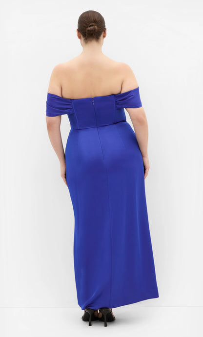 RoselleDress royal blue plus‑size satin column formal gown off‑shoulder back zipper closure corset bodice dress back view floor‑length wedding guest bridesmaid gown
