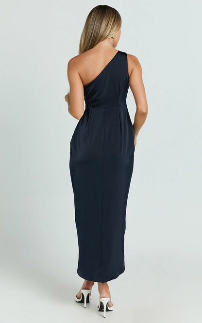 Roselledress sleeveless one shoulder satin midi plus size dress back view, solid navy formal wedding guest gown
