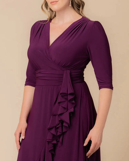 Elegant Wrap V‑Neck 3/4 Sleeve Ruffle‑Hem Floor‑Length Plus Size Wedding Guest Dress