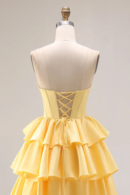 Yellow Ballgown Strapless Tube Sleeveless Lace Up Back Maxi Prom Dress