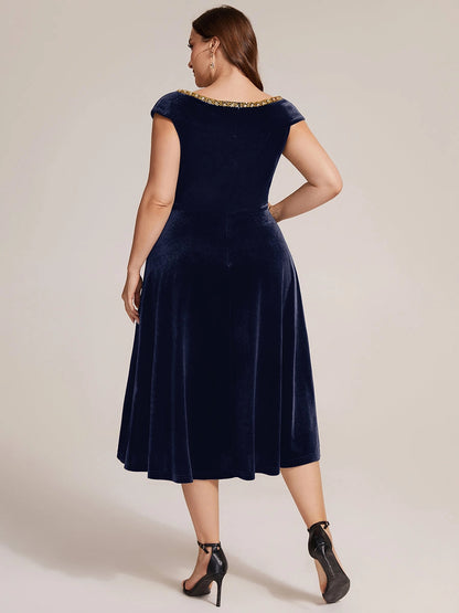 Roselle Dress plus size navy velvet mother of the groom gown, beaded neckline, a‑line midi dress back view