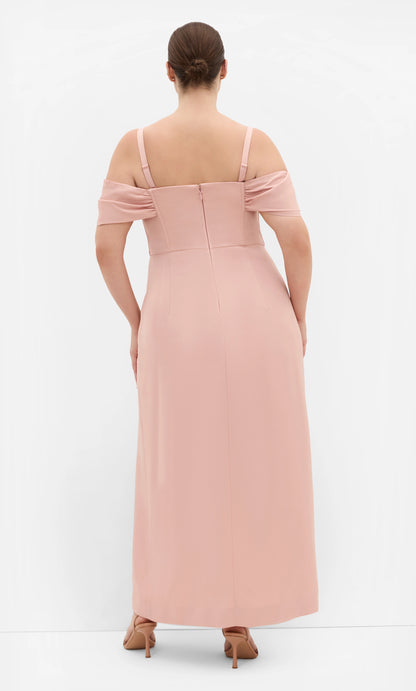 Plus‑Size Off‑The‑Shoulder Draped Satin Corset Bodice High Slit Column Maxi Wedding Guest Dress