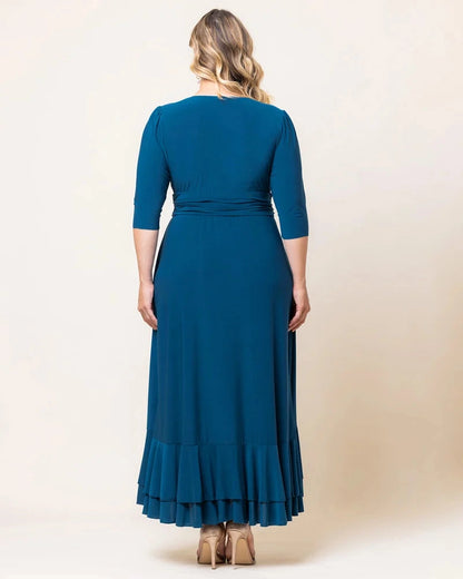 Elegant Wrap V‑Neck 3/4 Sleeve Ruffle‑Hem Floor‑Length Plus Size Wedding Guest Dress
