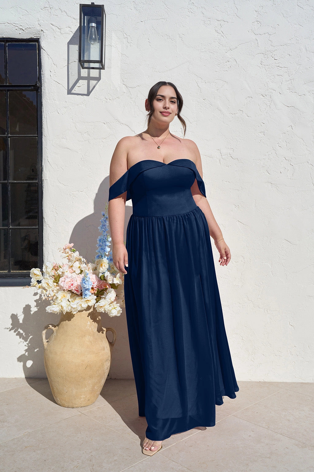 Romantic A-Line Sweetheart Off Shoulder Zipper Back Long Plus Size Bridesmaid Dress