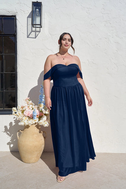 Romantic A-Line Sweetheart Off Shoulder Zipper Back Long Plus Size Bridesmaid Dress