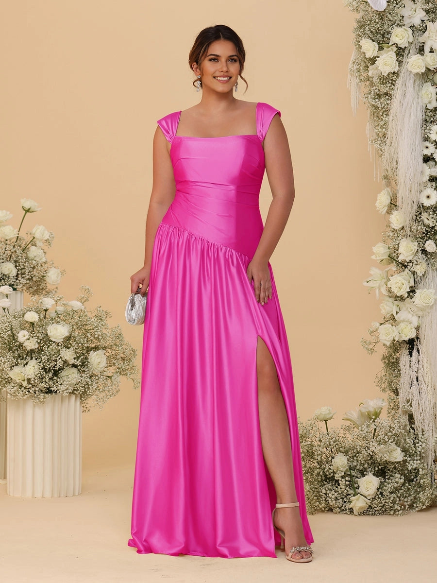 Stunning Champagne A‑Line Convertible‑Neck Ruched Zip‑Back High‑Slit Floor‑Length Bridesmaid Dress