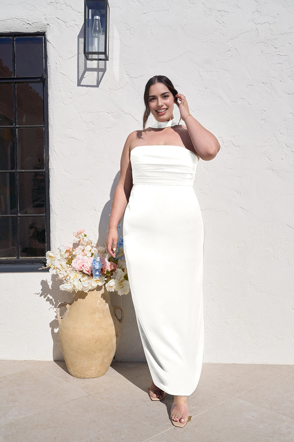 Elegant Sheath Straight Neck Strapless Zipper Back Long Plus Size Bridesmaid Dress