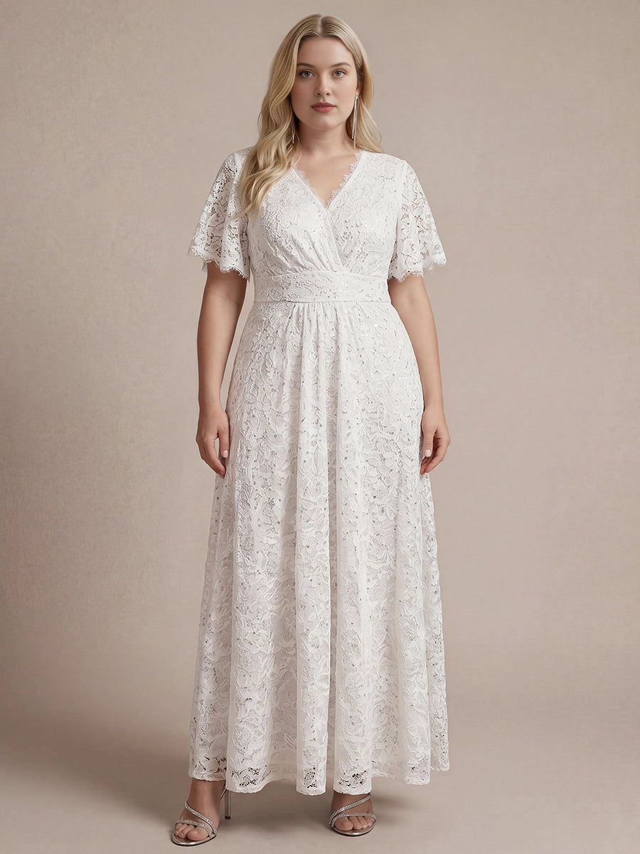 Plus Size Sequin Lace V-Neck Flutter Sleeve Long Mother of Bride Dress
