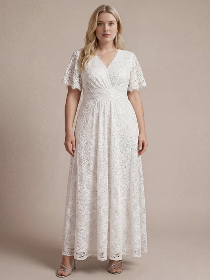 Plus Size Sequin Lace V-Neck Flutter Sleeve Long Mother of Bride Dress