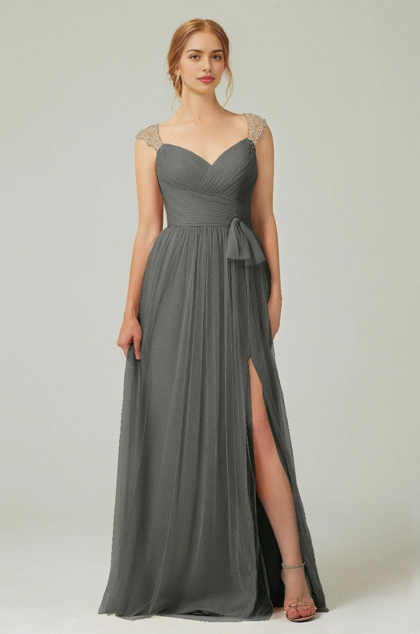 Plus Size Romantic A-Line Sweetheart Sleeveless Illusion Back Long Beaded Bridesmaid Dress