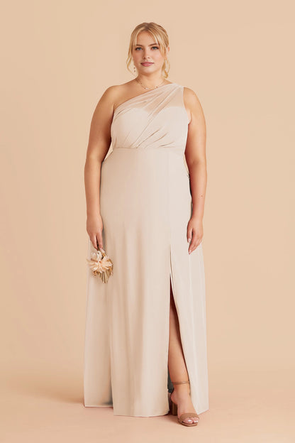 Flowy Chiffon A‑Line One‑Shoulder Sleeveless Mesh Back Slit Maxi Plus Size Bridesmaid Dress
