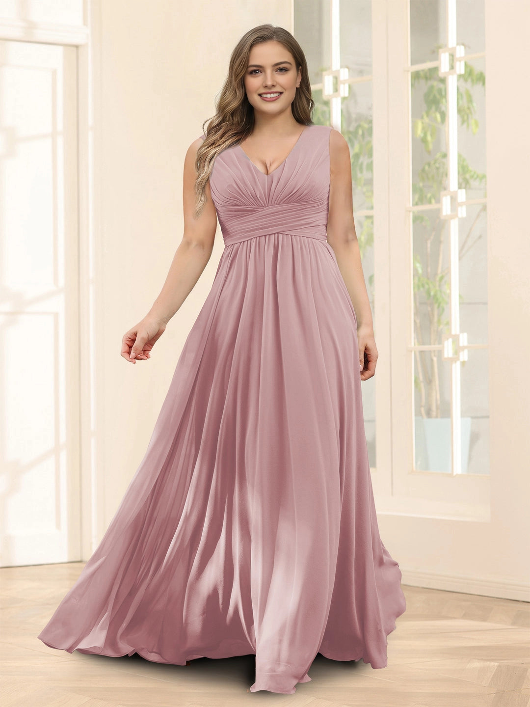 Plus‑Size Sleeveless V‑Neck Empire Waist Chiffon A‑Line Floor‑Length Wedding Guest Dress