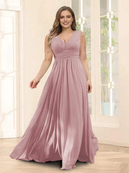Plus‑Size Sleeveless V‑Neck Empire Waist Chiffon A‑Line Floor‑Length Wedding Guest Dress