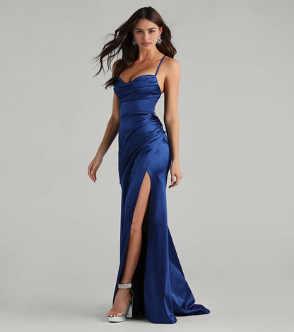 Slim Maxi Spaghetti Lace-Up Back Ruched Long Prom Dress