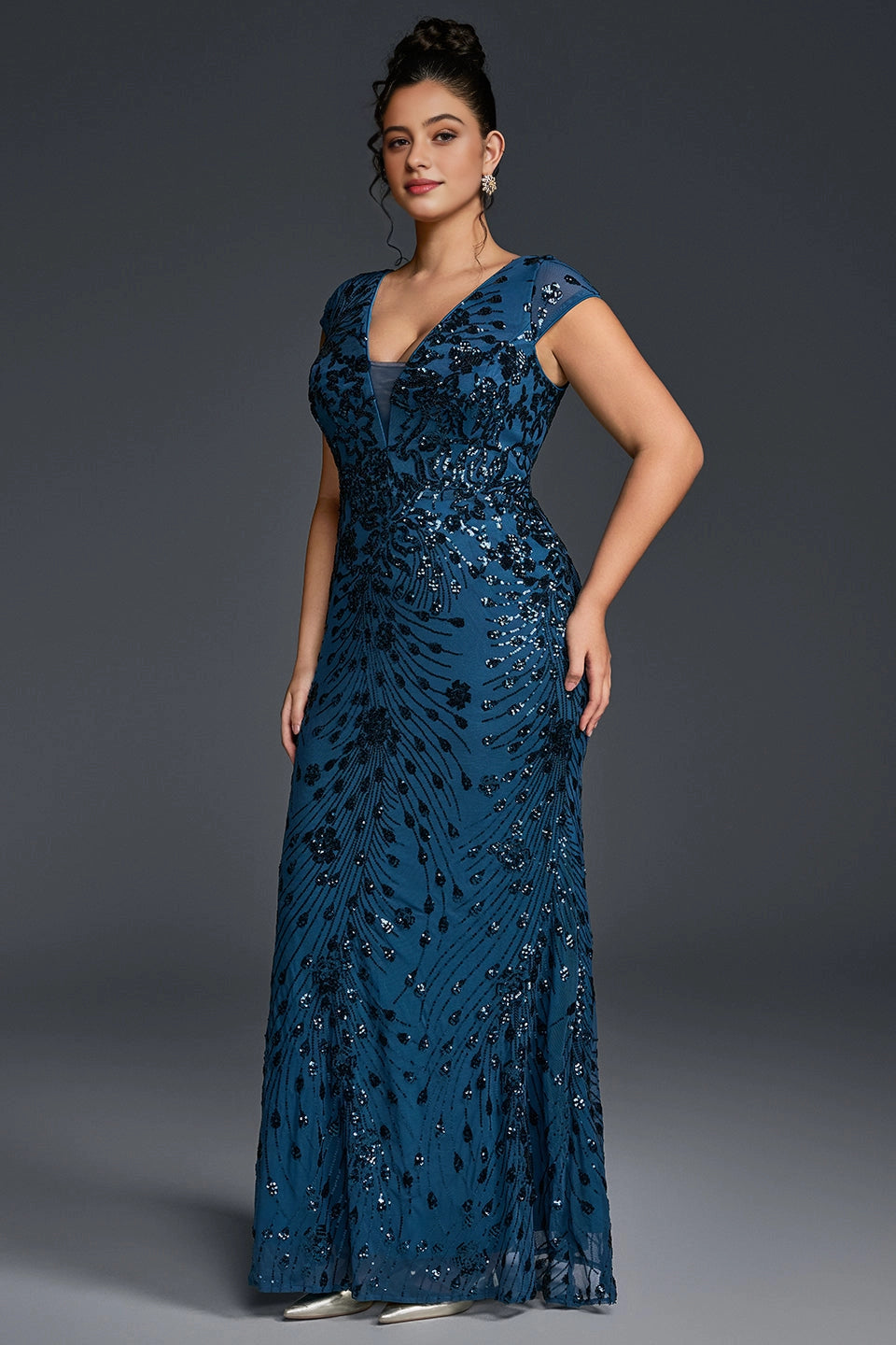Slim Mermaid Deep V Cap-Sleeve V-Back Floor-Length Plus Size Mother Of Bride Dress