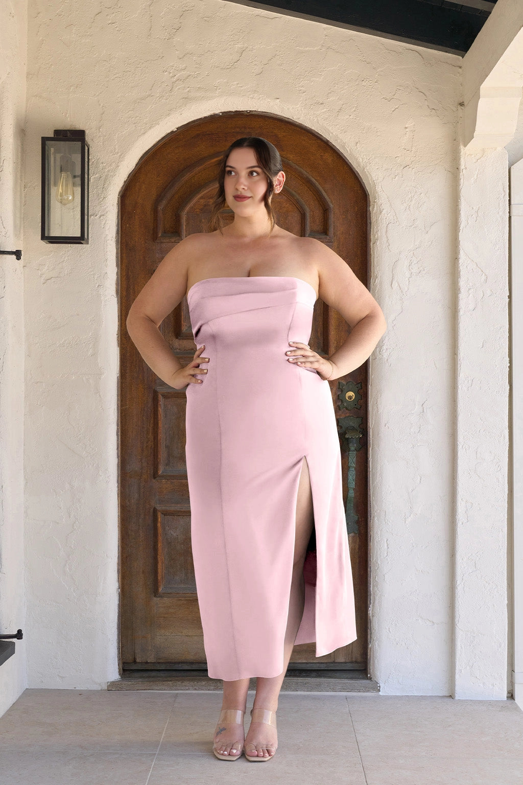 Elegant Sheath Straight Neck Strapless Zipper Back Plus Size Wedding Guest Dress