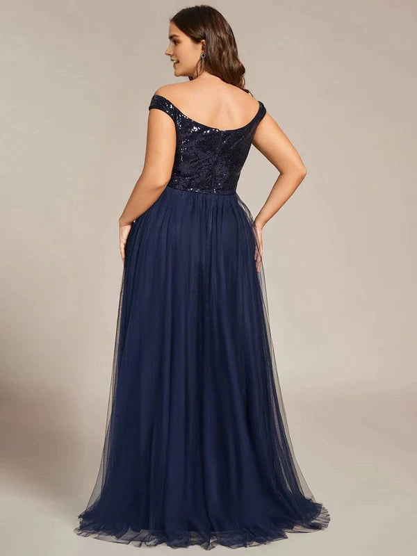Glamorous A‑Line Off‑The‑Shoulder Cap‑Sleeve V‑Back Floor‑Length Plus Size Prom Dress