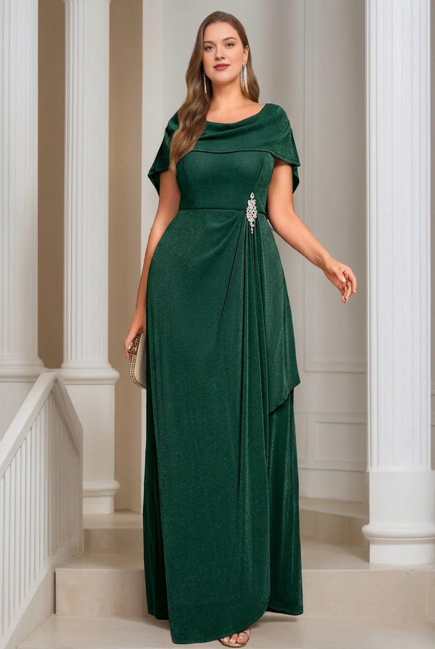 Plus Size Cowl Neck Rhinestone Brooch Draped Long Mother of Bride Dress