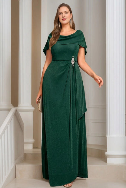 Plus Size Cowl Neck Rhinestone Brooch Draped Long Mother of Bride Dress