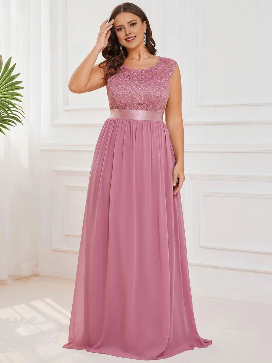Romantic A-Line Round Cap Sleeve V-Back Sash Waist Floor-Length Plus Size Bridesmaid Dress