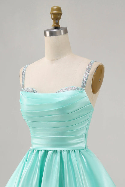 Hot Pink A-Line Straight Spaghetti Strap Closed Back Mini Homecoming Dress