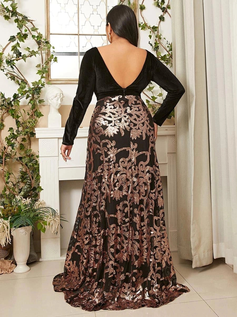 Roselledress black mermaid gown back view,low open back velvet bodice gold sequin skirt plus size formal dress