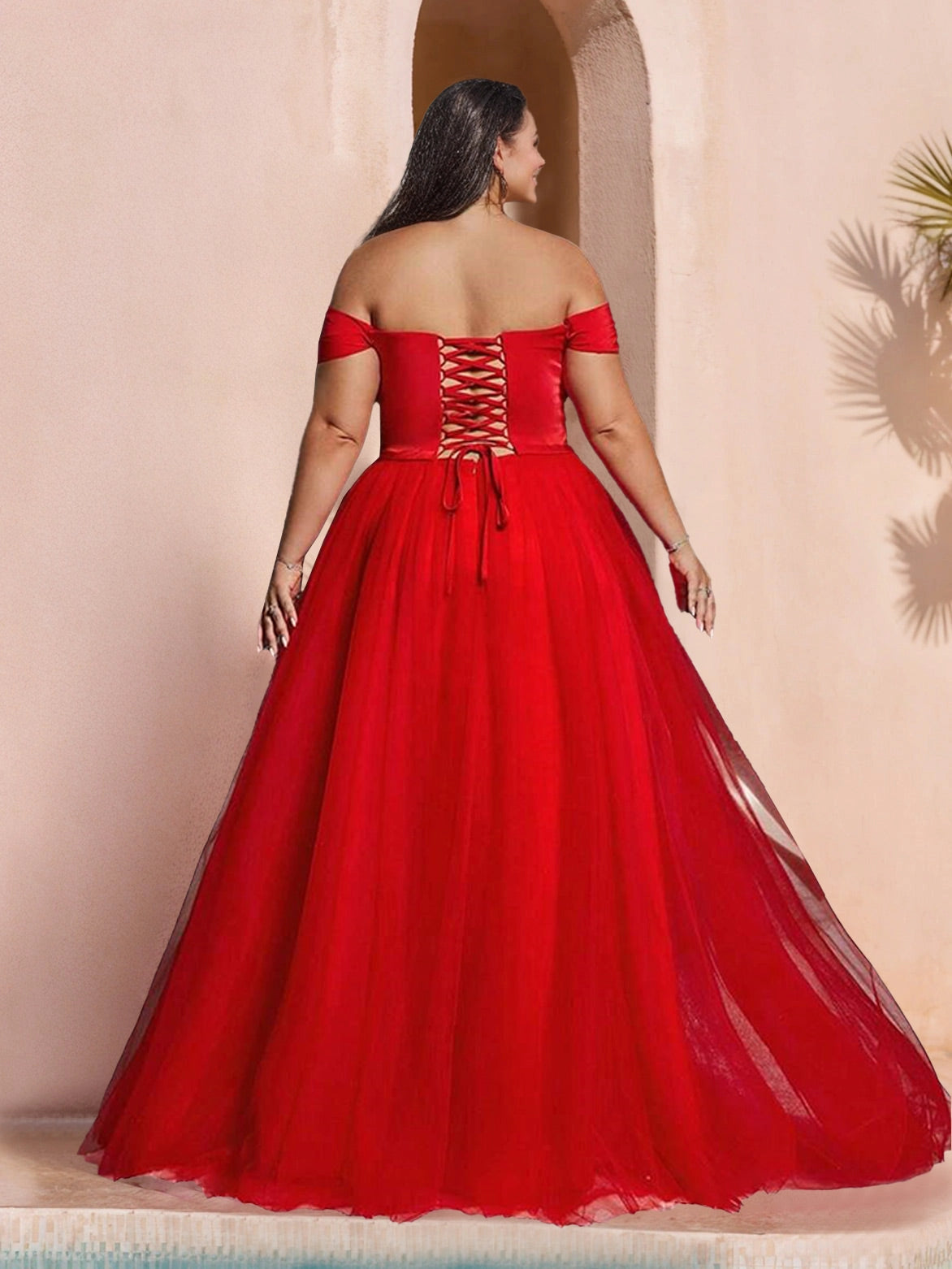 Roselle Dress plus size red off‑shoulder prom gown, lace‑up corset back voluminous tulle a‑line skirt back view