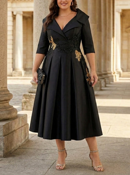 A-Line Applique Lapel V Neck 3/4 Sleeve Back Zipper Midi Plus Size Mother Of Bride Dress