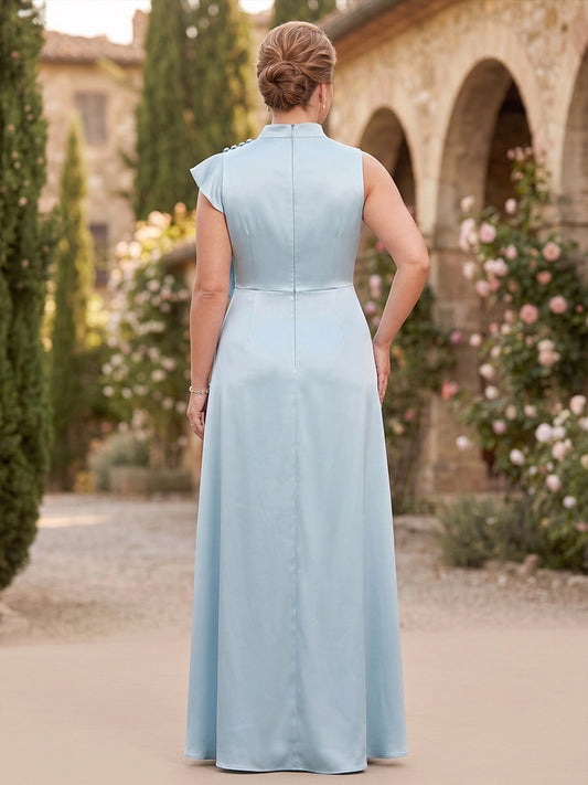 Back view roselledress mock‑neck zip‑back sleeveless satin floor‑length plus size wedding guest gown