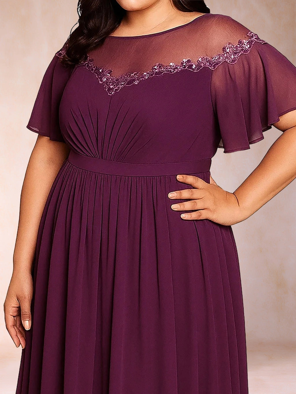 Modest A‑Line Illusion‑Neck Flutter‑Sleeve Keyhole‑Back Floor‑Length Plus Size Mother Of The Bride Dress