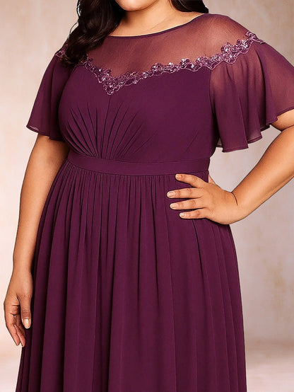 Modest A‑Line Illusion‑Neck Flutter‑Sleeve Keyhole‑Back Floor‑Length Plus Size Mother Of The Bride Dress