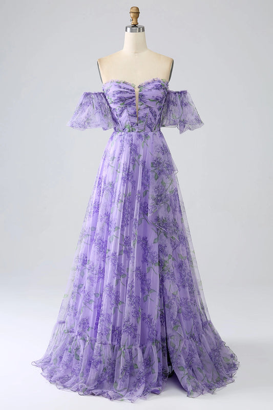 Roselledress lavender plus size prom dress a‑line off shoulder detachable sleeve floral tulle evening gown
