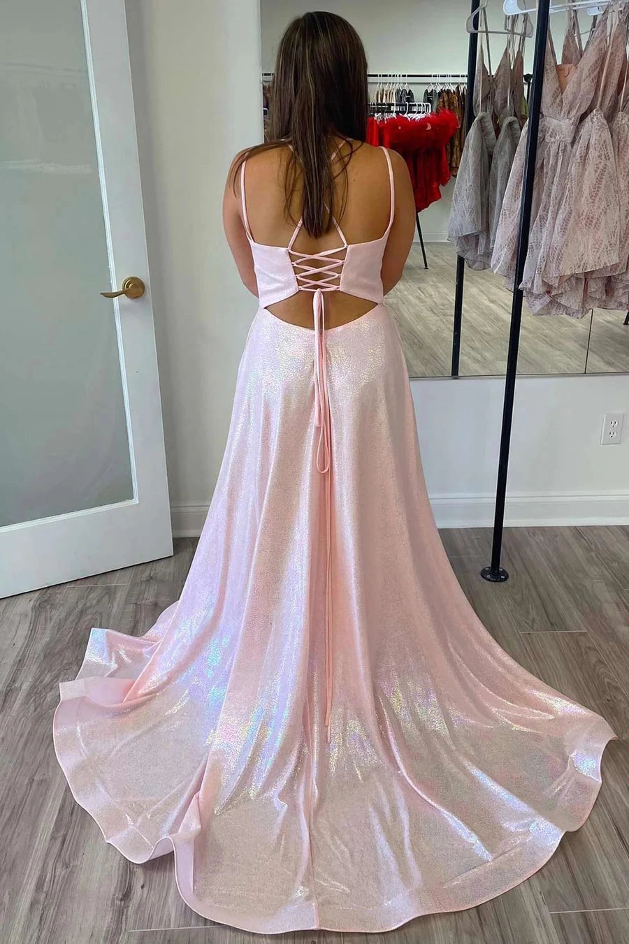 Roselledress pink shimmer prom dress back view,corset lace‑up open back spaghetti strap long train gown