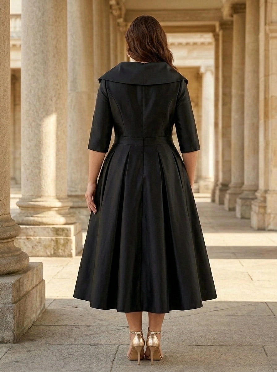 Roselledress formal satin dress plus size back zipper pleated midi wedding guest dress back view