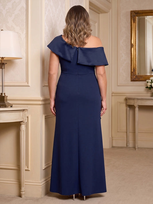 Back view roselledress folded one‑shoulder zip‑back mermaid floor‑length plus size wedding guest gown