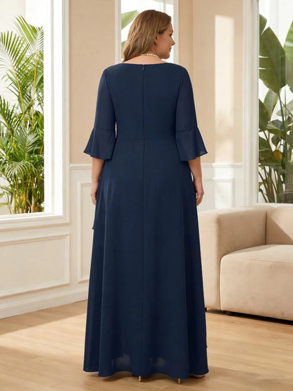 Back view roselledress round zip back bell sleeve layered chiffon floor‑length plus size mother gown