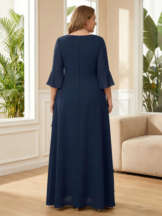 Back view roselledress round zip back bell sleeve layered chiffon floor‑length plus size mother gown