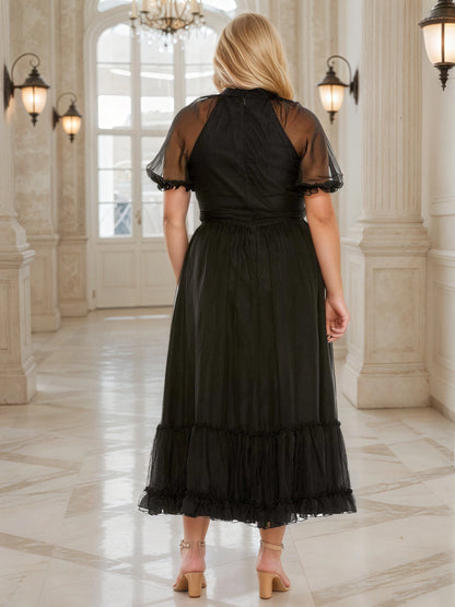 RoselleDress black plus size wedding guest dress halter neck sheer sleeve tulle midi back zipper gown back view