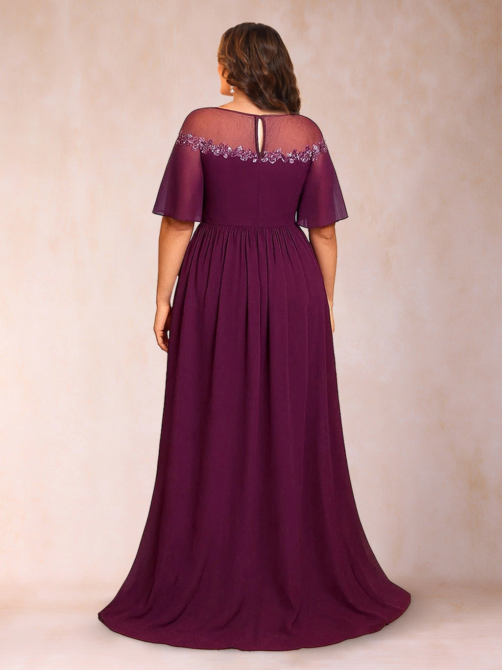 Roselledress back view plum formal evening dress,keyhole back embroidered illusion neck plus size floor‑length chiffon gown
