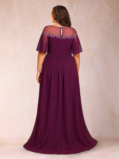 Roselledress back view plum formal evening dress,keyhole back embroidered illusion neck plus size floor‑length chiffon gown