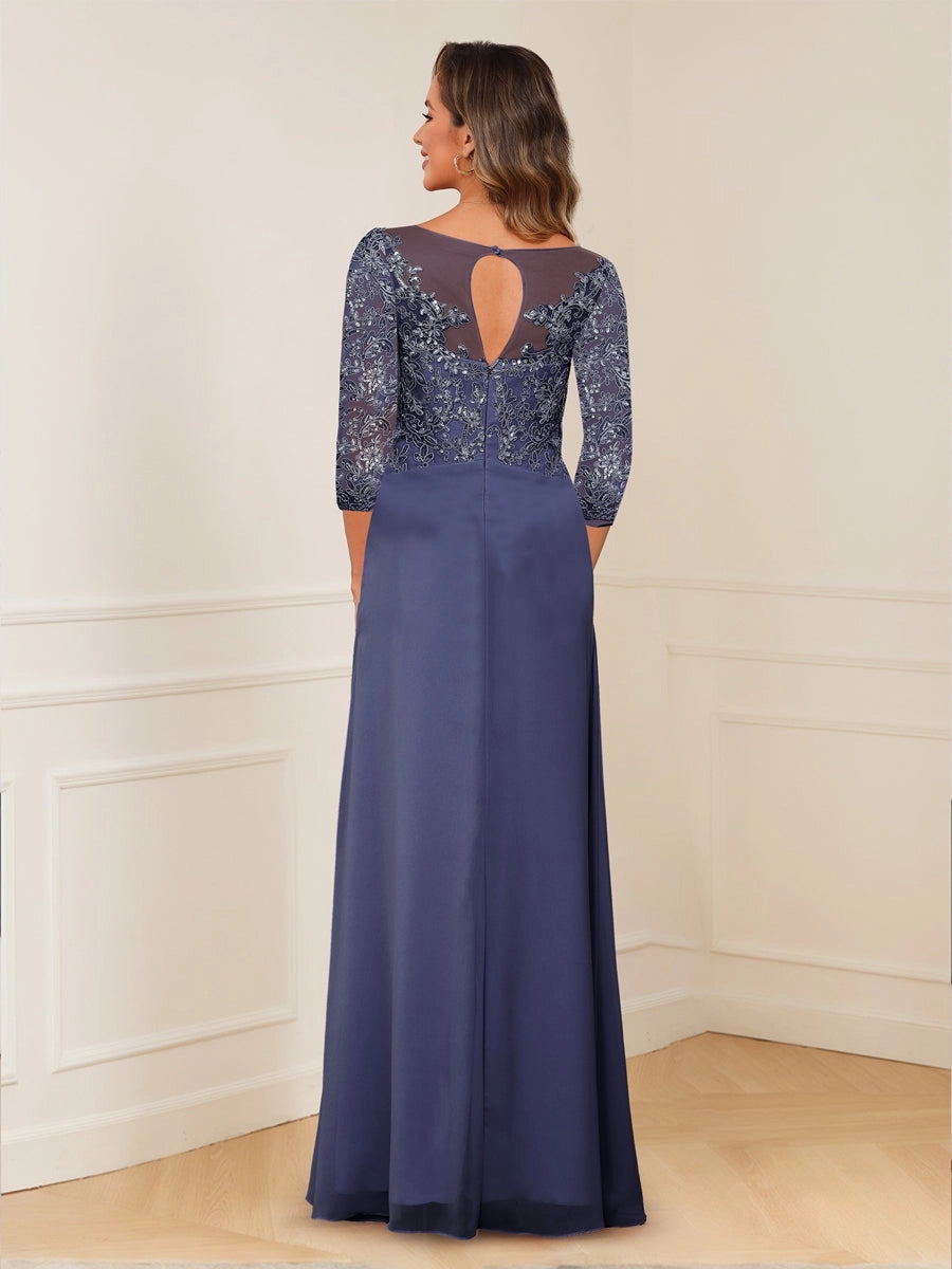 back view Roselledress curvy blue chiffon gown keyhole lace zip back long wedding guest dress