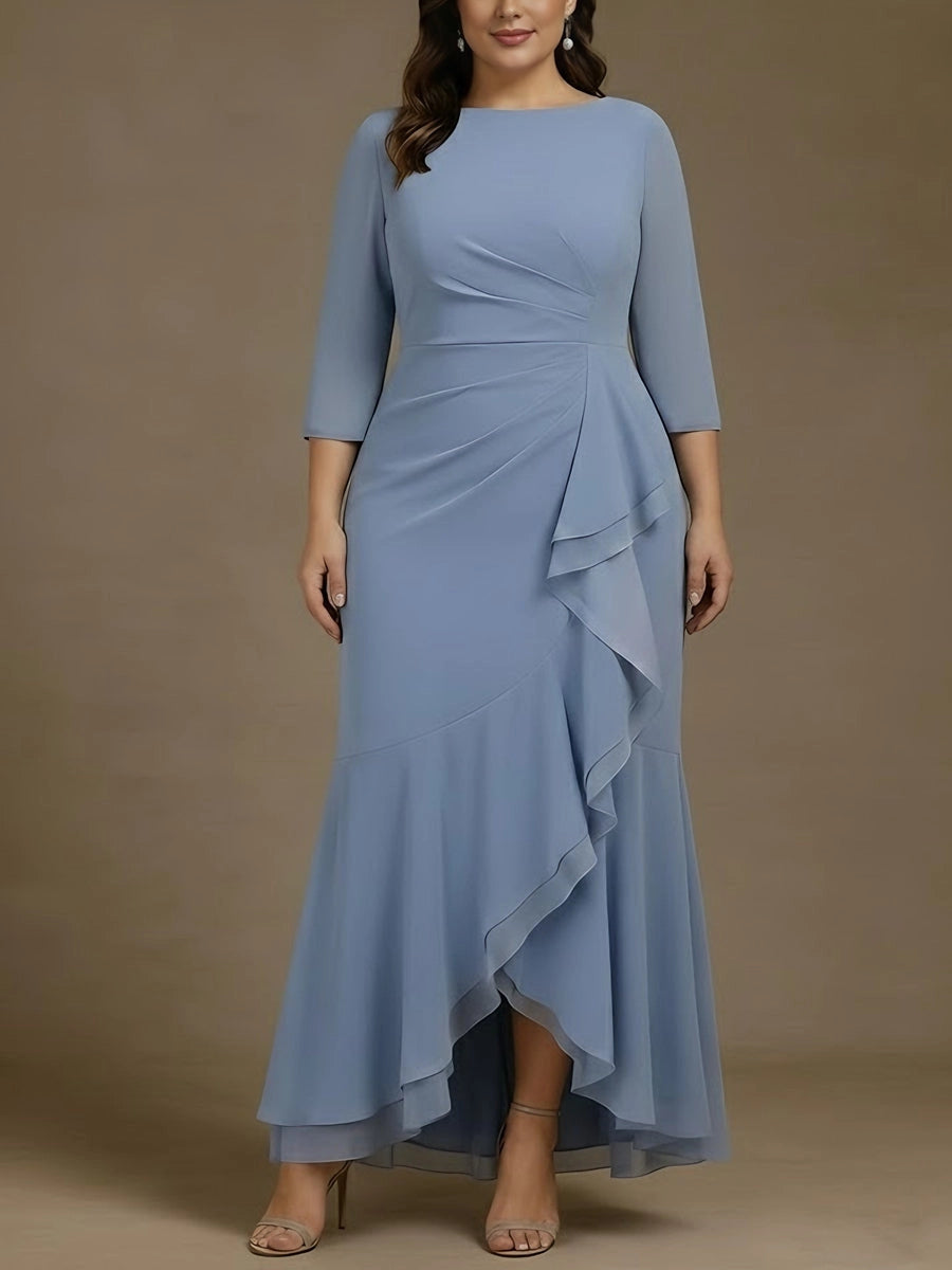 Roselledress Dusty Blue Mermaid Boat Neck 3/4 Sleeve Keyhole Back Floor Length Plus Size Mother Of The Bride Dress