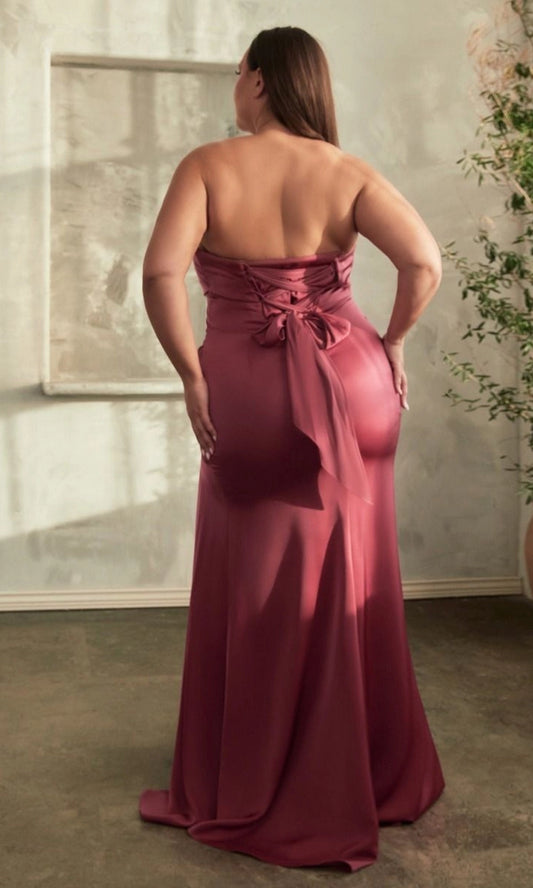 Back view Roselledress dusty rose plus size satin prom dress strapless lace‑up corset back formal gown
