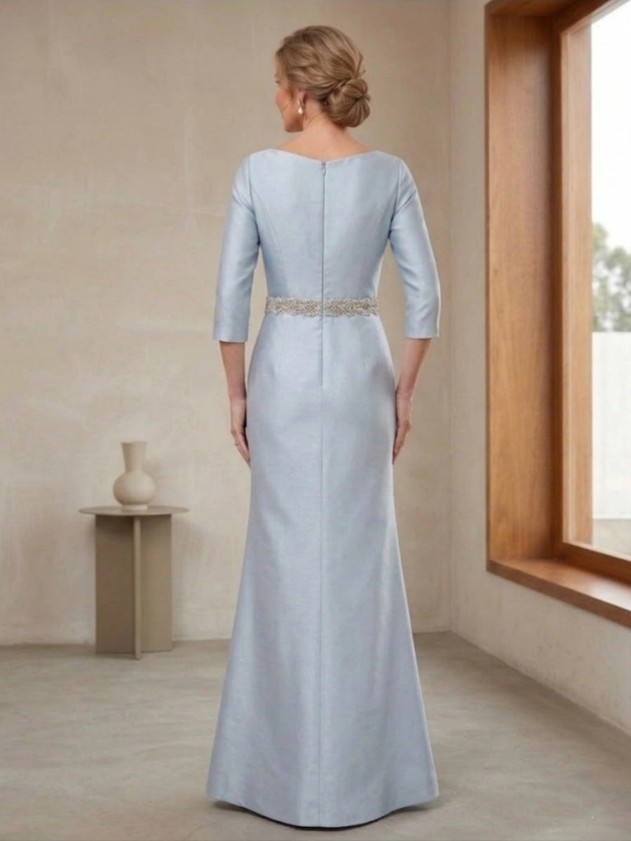 back view Roselledress curvy blue satin mermaid gown zip back modest wedding guest long dress