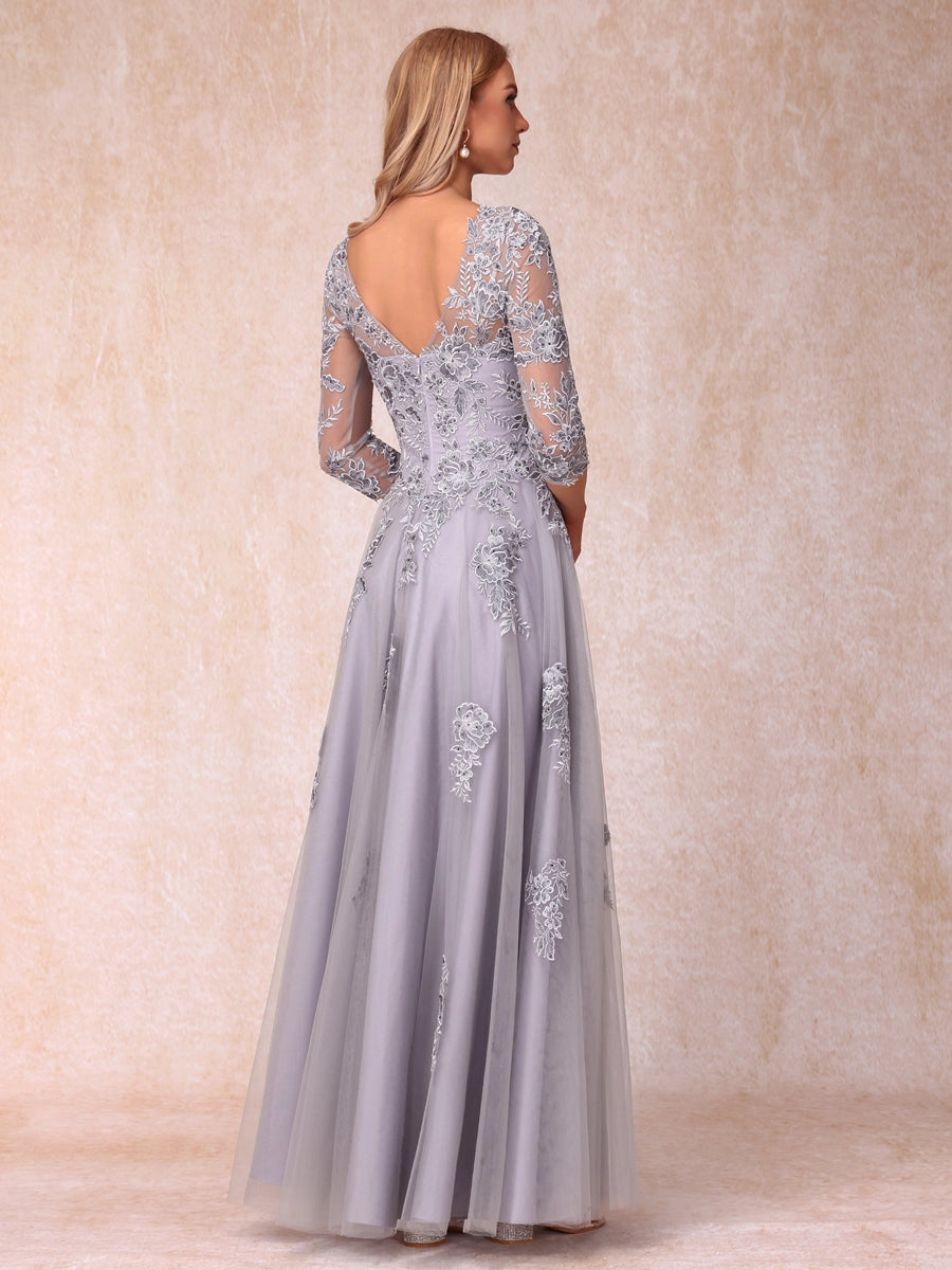 roselledress grey purple embroidered sheer v back maxi formal mother evening dress