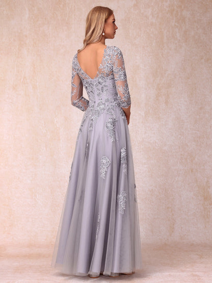 roselledress grey purple embroidered sheer v back maxi formal mother evening dress
